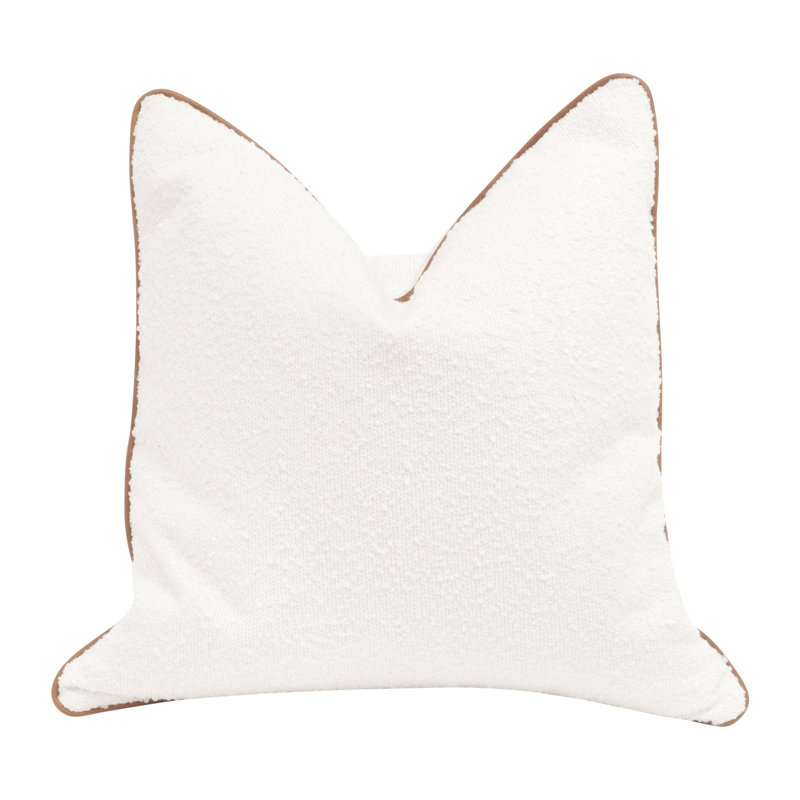 Snow White Boucle Pillow with Whiskey Brown Leather Piping, Set of 2