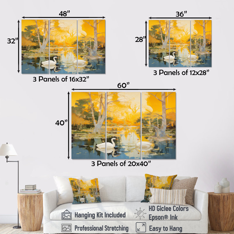 Deux cygnes dans un lac d'automne jaune - ensemble d'art mural animaux cygnes, Toile tendue, H 40 po x l 60 po x P 1 po
