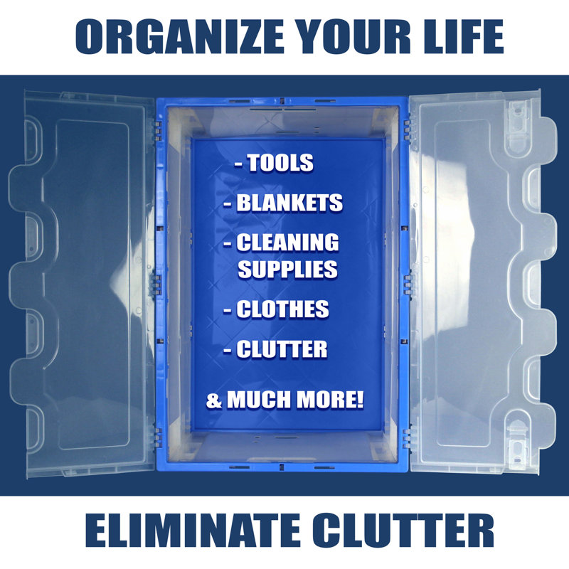 Clear and Blue Collapsible Plastic Storage Crate with Lid, 65L Capacity