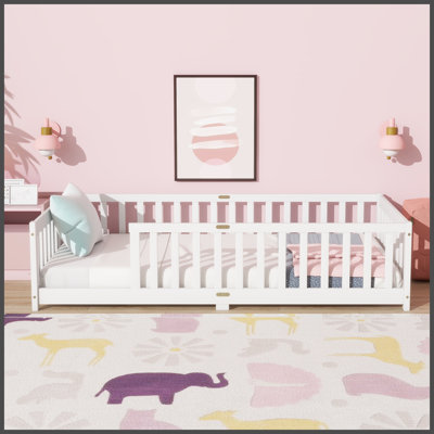 Twin Size Floor Bed with Fence without Door, Rubber Wood Floor Bed with Safety Guardrails,White P286396)