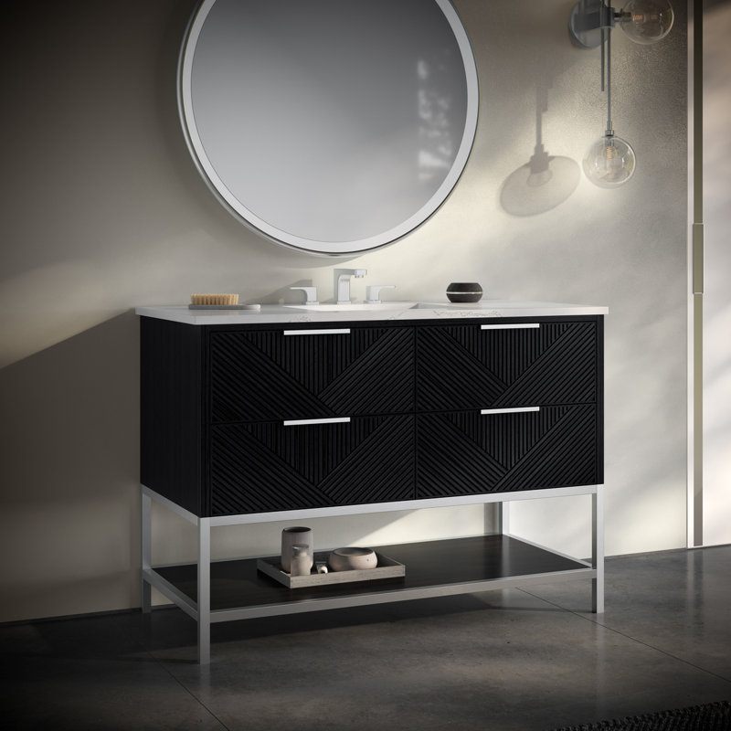 Diamond 48'' W Single Vanity, Calacatta Quartz, Charcoal Black, Brushed Nickel