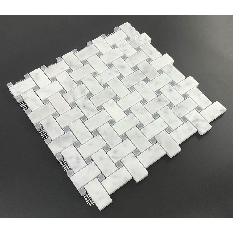1" x 2" White Cararra and Gray Dot Basketweave Marble Mosaic Wall & Floor Tile