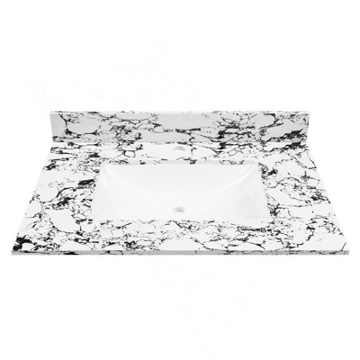 Comptoir de salle de bain 31 po x 22 po, avec lavabo et dosseret en céramique encastré, comptoir de salle de bain en marbre artificiel avec 1 trou pré-percé, blanc et noir New Carrara (seulement le comptoir de salle de bain)