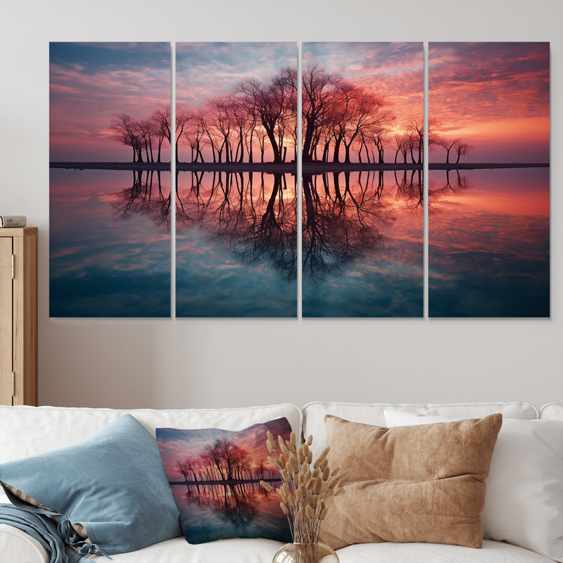 Coucher de soleil sur le lac, silhouette d'arbre, art mural pour le salon, 4 pièces, H 28 po x l 48 po