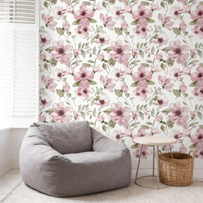 Papier peint adhésif amovible avec fleurs aquarelles roses et feuilles vertes Boho, papier peint auto-adhésif en vinyle pour chambre à coucher, meubles et surfaces lisses, convivial pour les locataires