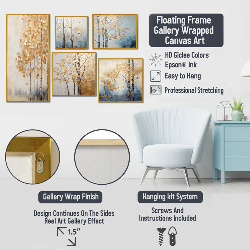 Minimalisme Golden Trees Harmony III - Ensemble de 5 reproductions d'art mural Trees, Cadre flottant doré