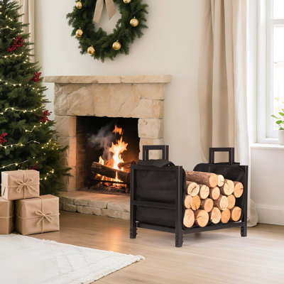 Support à bois d'extérieur pour l'intérieur avec sac de transport de bûches, support en acier robuste pour foyer de 17,7 pouces, support à bois compact pour le rangement du bois de chauffage, noir