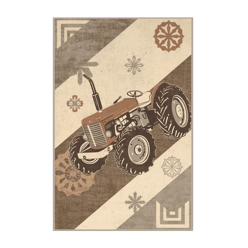 Machine Washable Kendari Tractor Farm Vehicle Country Rustic Block Print Rug in Beige – Beige Binding, 2x4
