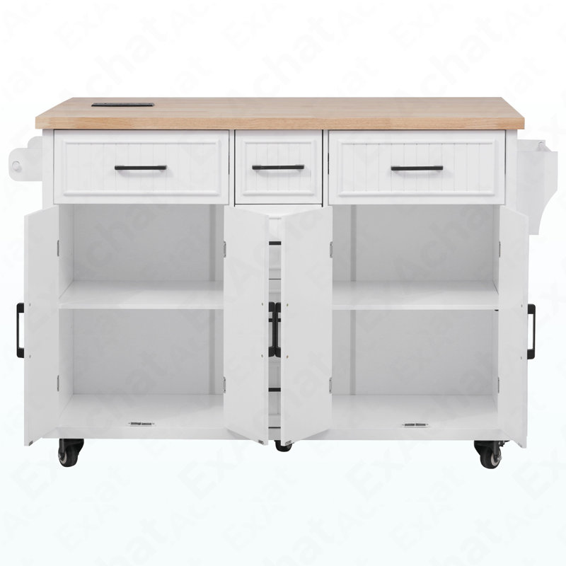 56.5'' Kitchen Island With Drop Leaf, Power Outlet, Embossed Vertical Stripe Rolling Kitchen Cart On Wheels With 4 Doors , 5 Deep Drawers And Adjustable Shelves, For Kitchen, Dining Room, White