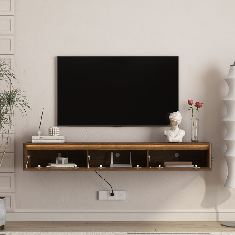 Floating TV Stand, Wall Mounted TV Shelf with Led Lights & Power Outlet, Wood, 11.02" H x 64.96" W x 11.81" D