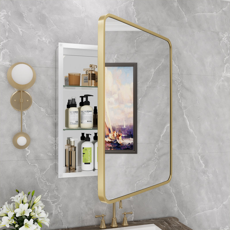 Anaahat Framed Medicine Cabinet Mirror Adjustable, Gold, 28" H x 22" W x 3.8" D