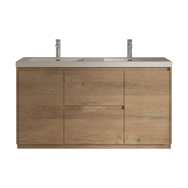 60" Double Natural Oak Bathroom Vanity Free Standing Vanities with Gloss White Resin Stone Top,2 Drawers 2 Doors Modern, 60"