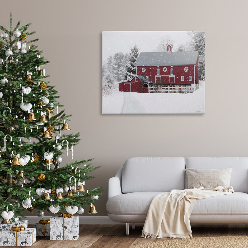 «Snowlanded Farmland Red Barn Snowflakes Falling Black», estampe numérique encadrée, art texturé par Lori Deiter