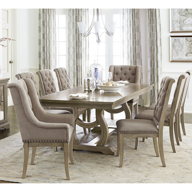 Table de salle à manger de luxe classique classique 9 pièces avec table extensible, chaises capitonnées, rallonge, base en tréteaux, cachemire gris, tissu crème, sièges 8 avec finition, pour une maison raffinée