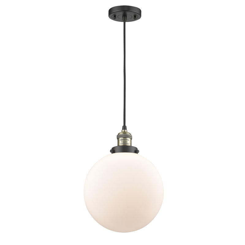 Luminaire suspendu sphère simple à 1 lumière Clermont, Blanc mat, DEL, Laiton antique noir