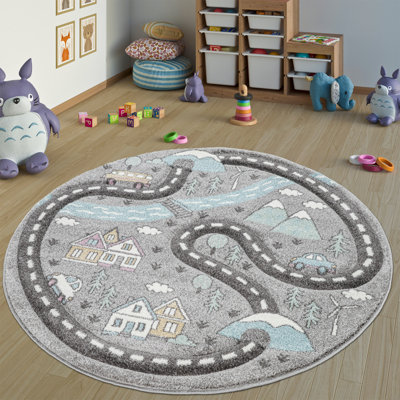 Bellvue Kids Nursery Short Pile Street Design Pastel Power Loom Grey/Blue/White Rug