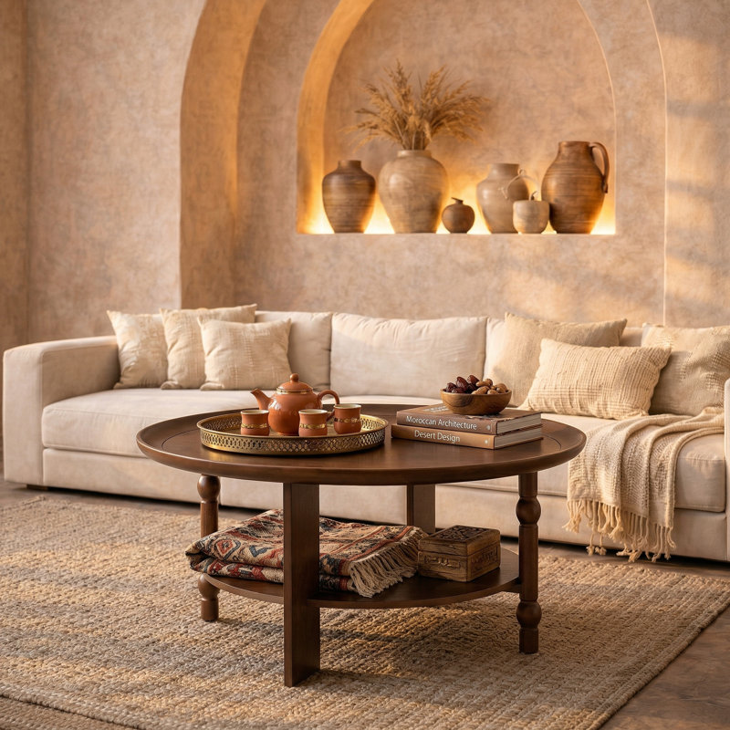 Transitional 40"W Round Unique Turned Spindle and Slab Leg Design Coffee Table with Storage Shelf, Walnut
