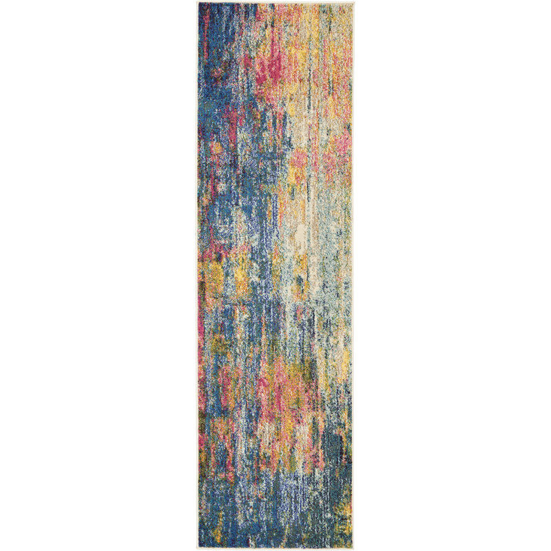 Tapis bleu contemporain contemporain, Tapis de couloir 2 pi x 6 pi