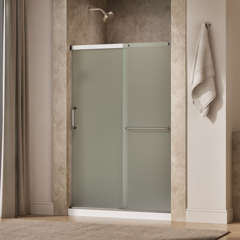 Elate Sliding Shower Door, 70-1/2-In H X 50-1/4 - 53-5/8-In W, With 1/4-In Thick Crystal Clear Glass, Nickel/Frosted