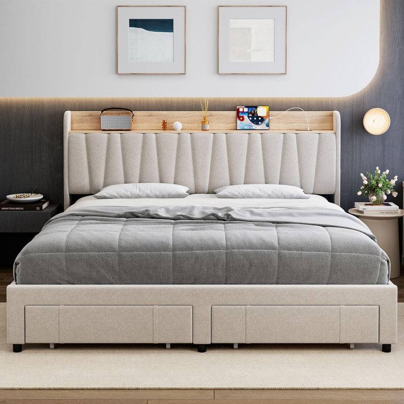 Base de lit, tête de lit et station de charge, Double, Beige