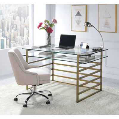 Bureau d'écriture rectangulaire contemporain avec tablette en verre trempé transparent de 12 mm, base en métal doré antique, rangement ouvert avec verre