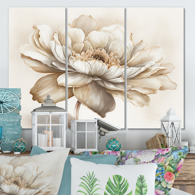 Indigold Beige Flower I - 3 pièces sur toile tendue, H 32 po x l 48 po x P 1 po