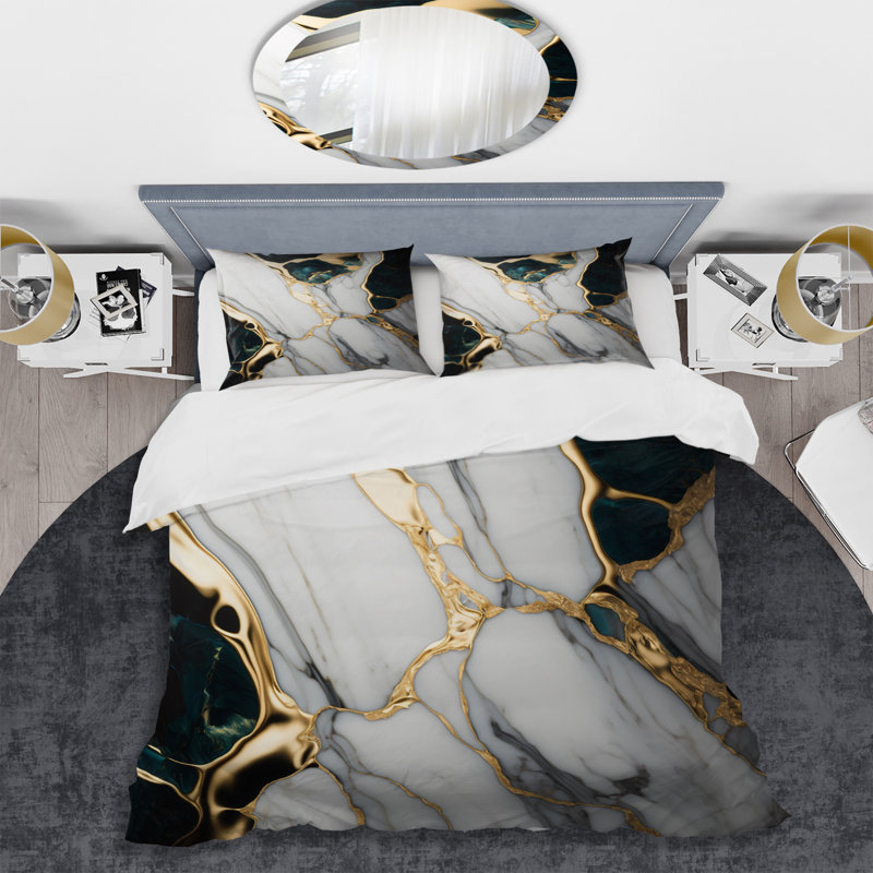 King Size Gold and Green Marble Microfiber Duvet Cover Set