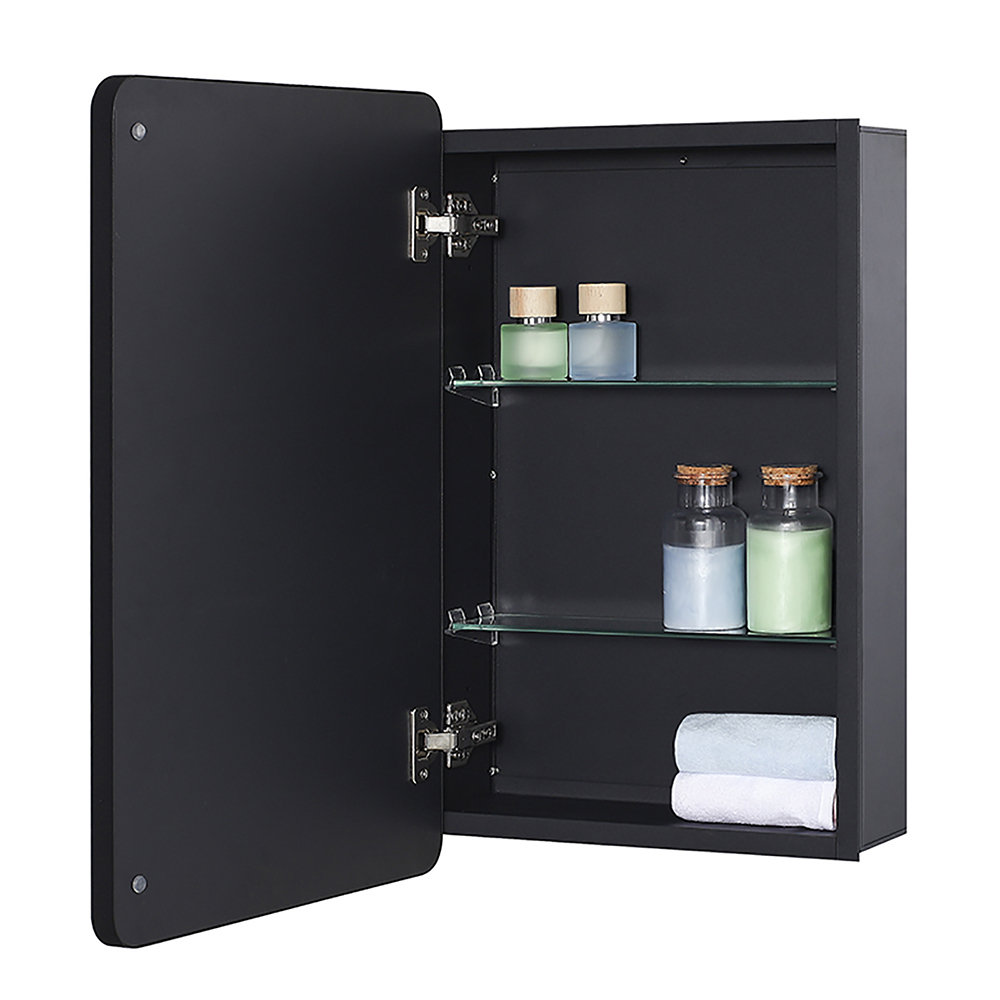 Black Bathroom Mirror Medicine Cabinet with Round Corner Framed Door and Beveled Edge mirror 15 x 25 inch, Recessed or Surface Mount, with Adjustable