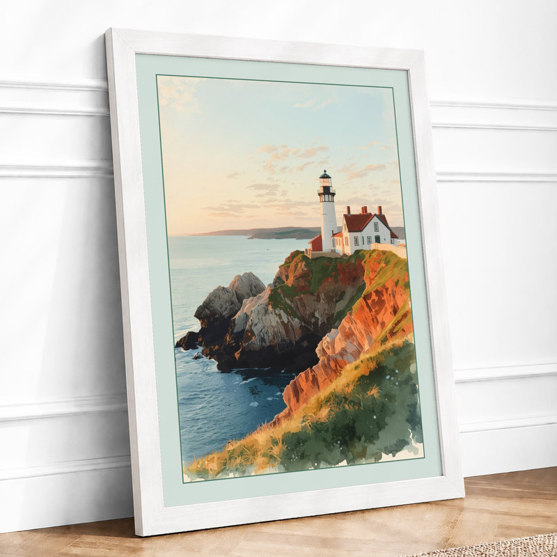 Lighthouse at Dawn Coastal - Framed Print, A2 - 59.4 x 42.0 cm, White