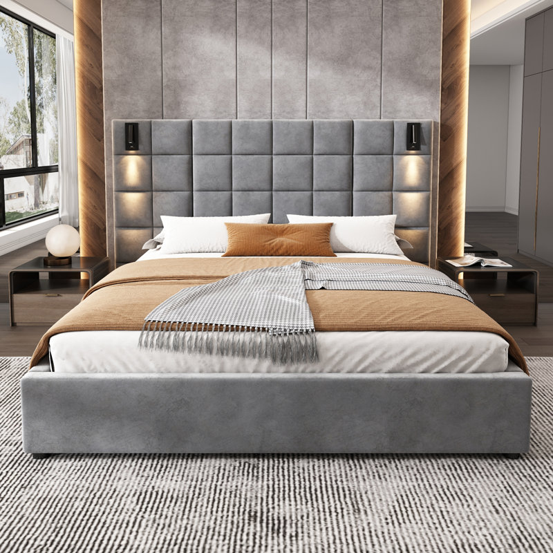 Structure de lit tapissier pour grand lit en velours avec applique murale, port USB et tête de lit large - gris