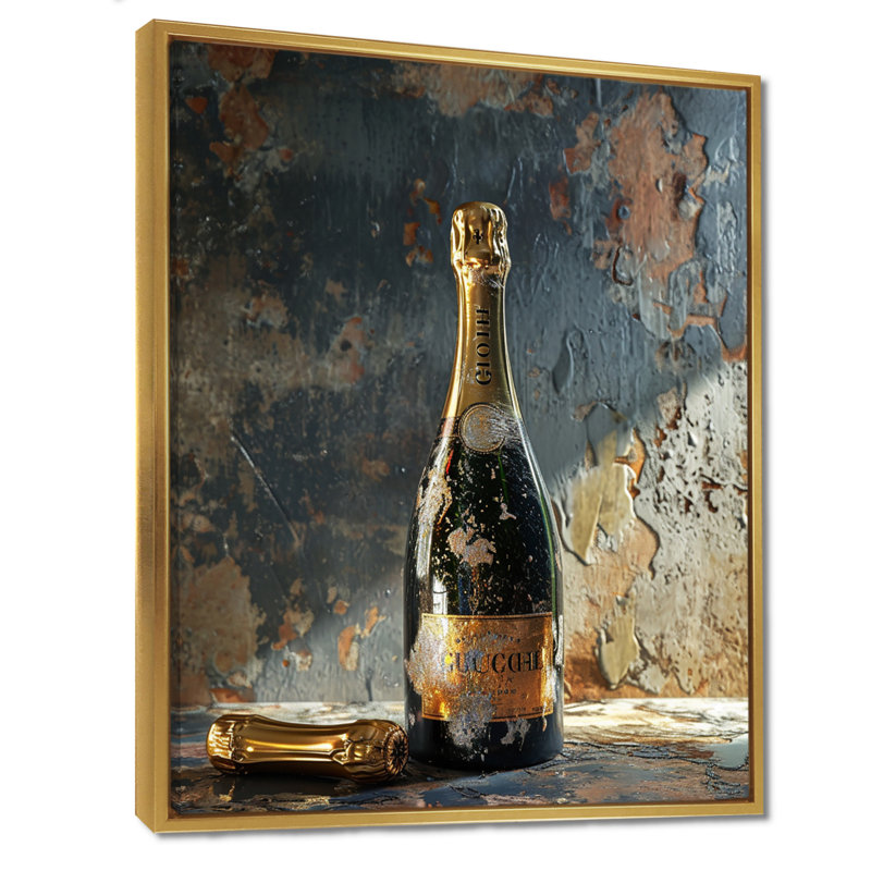 Décoration murale rétro «Glam Champagne» - vin et champagne, H 44 po x l 34 po x P 1,5 po, Toile avec cadre flottant or