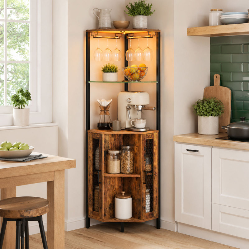 Armoire de bar d'angle 63,4 "avec lumières à DEL, armoire à vin haute avec rangement, armoire à alcool industrielle à 5 niveaux avec supports en verre, tablettes réglables