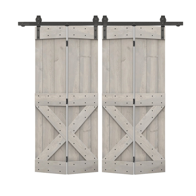 Porte de grange en bois 84 pliable avec trousse de quincaillerie d'installation, 52 po x 84 po, Gris argenté