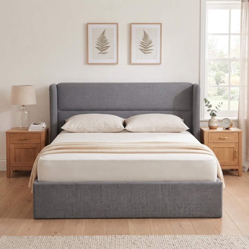 Structure de lit tapissier Annek avec rangement relevable, tête de lit à oreilles de H 40,9 po, lattes de bois et structure en métal, plusieurs tailles et options de tissu disponibles