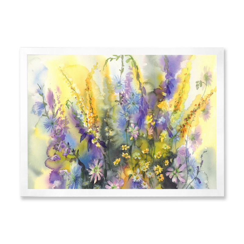 Fleurs d'été jaunes et mauves - reproduction sur toile, H 24 po x l 36 po x P 1 po, Cadre photo blanc