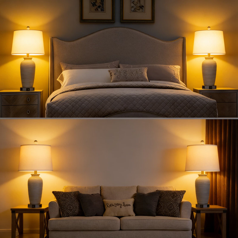 Ensemble de 2 lampes de table de ferme avec ports USB A + C et prise de courant CA, lampes de table de chevet rustiques à commande tactile à 3 voies pour la chambre à coucher et le salon (ampoules DEL incluses)