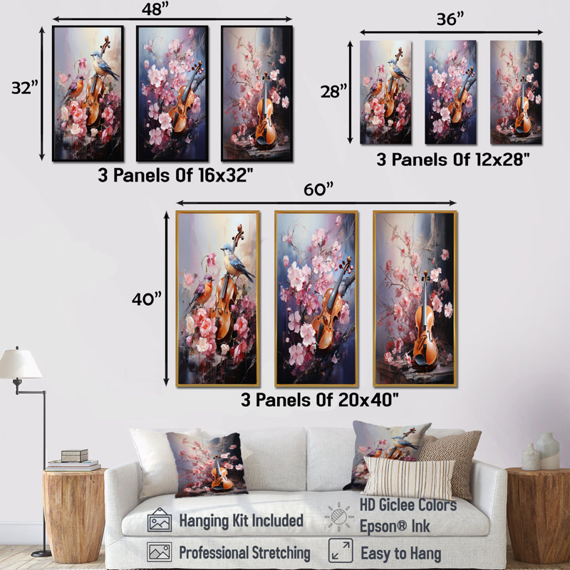 Violon et nuances harmoniques de la nature - ensemble de 3 reproductions d'art sur toile, Cadre flottant blanc