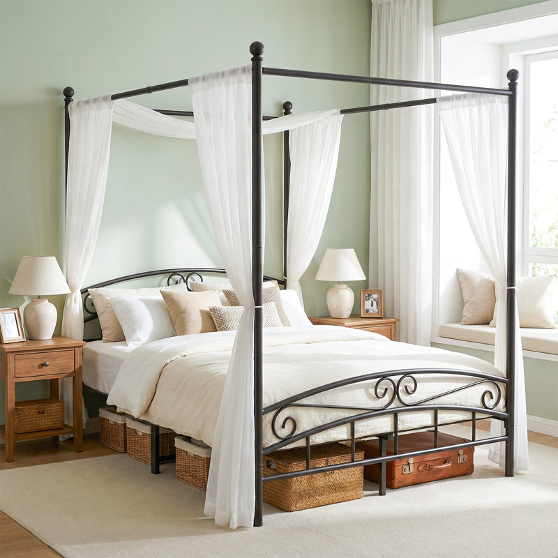 Queen Size Metal Canopy Bed Frame, Heavy Duty Platform Bed with Vintage Headboard & Footboard, No Box Spring Needed, Black