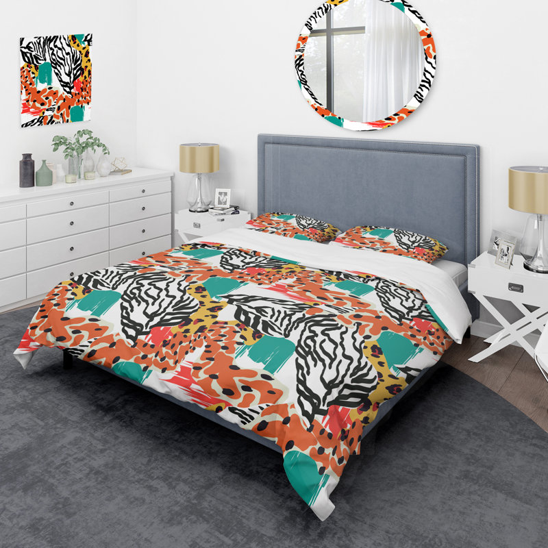 Ensemble de housse de couette en microfibre noir / bleu / orange 3 pièces