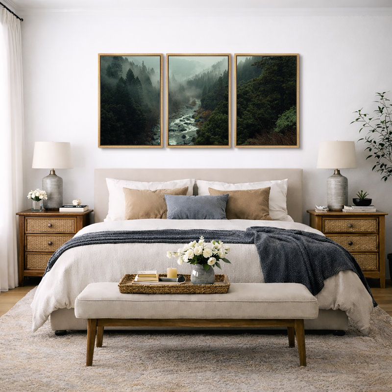 "Misty Forest Landscape", "Hazy Moody Dark Green River Nature", Tranquil Panoramic Modern Rustic Woodland Wall Art