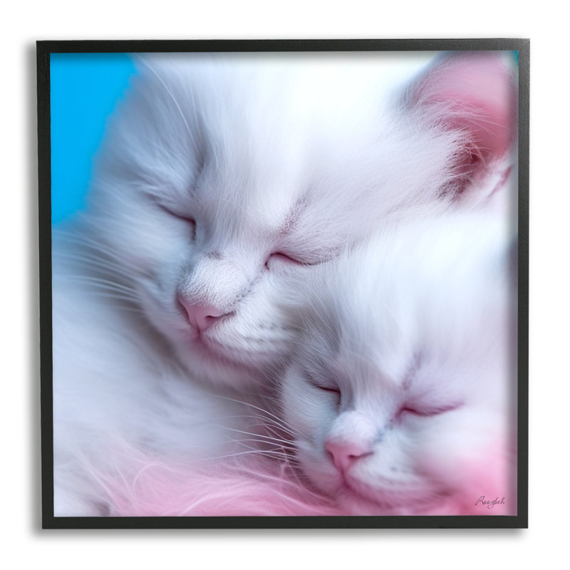 " Tucked In White Cats " by Roozbeh, 17" H x 17" W, Midnight Black Framed Giclee