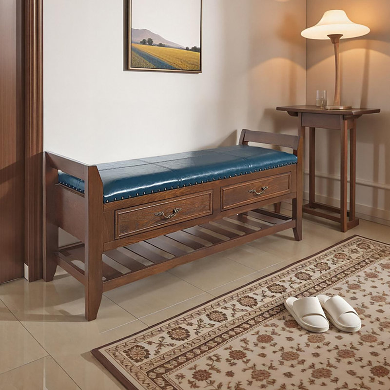 39.4in Shoe Storage Bench With Drawer, Blue;Brown Wood