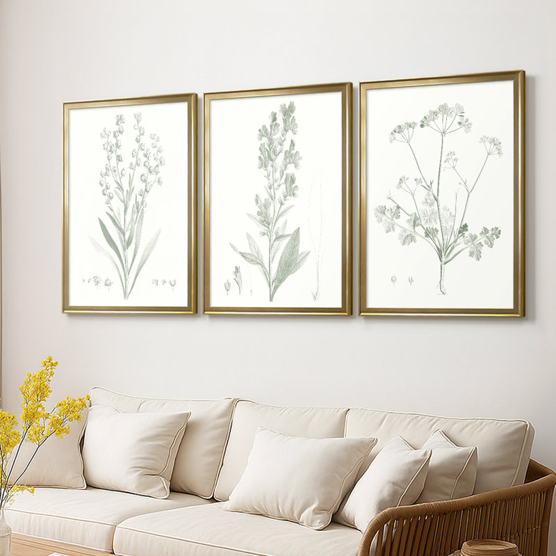 Botanical Study in Sage I - Toile tendue avec châssis sur mesure - 3 pièces, H 27 po x l 39 po, Doré