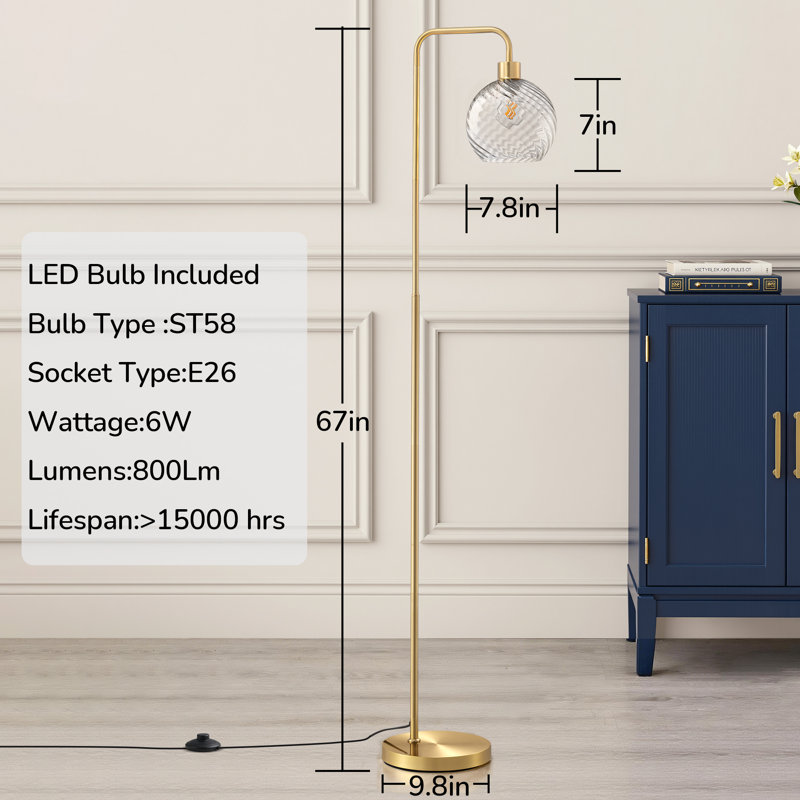 67" H Modern Glass Arc Floor Lamp with Remote Control, Clear