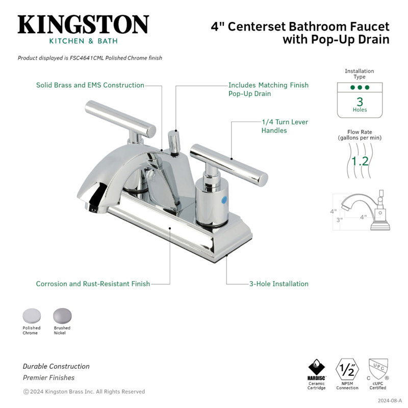 Kingston Brass Manhattan Two-Handle 3-Hole Deck Mount 4" Centerset Bathroom Faucet with Pop-Up Drain, Polished Chrome