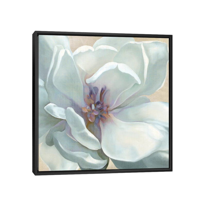 « irisé fleuri », impression sur toile tendue, H 18 po x l 18 po x P 1,5 po, Toile avec cadre noir, Blanc