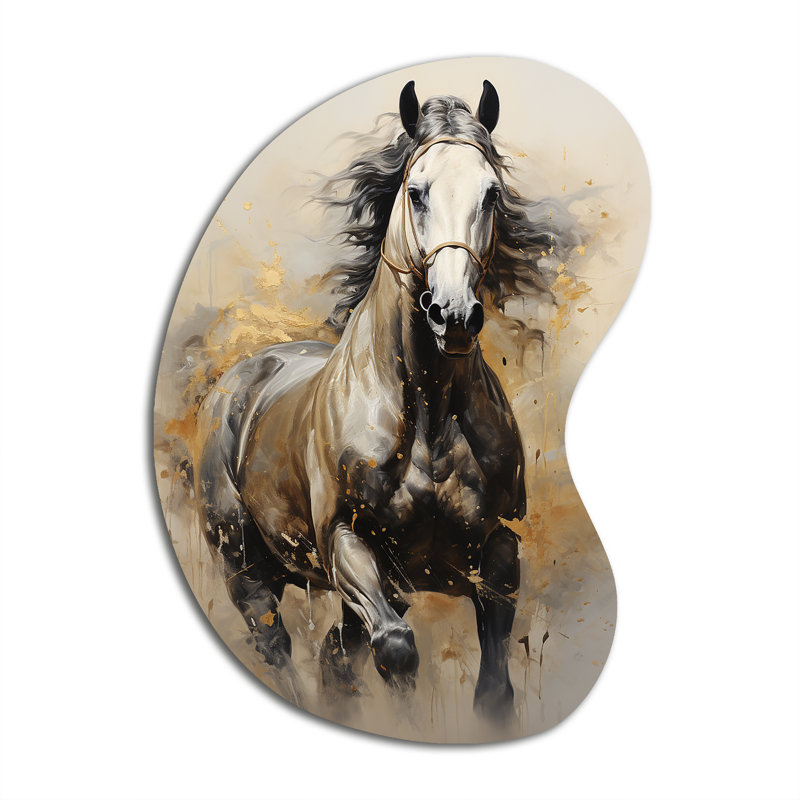 Cheval beige, pointillisme équestre doré - forme irrégulière, impression de sculpture murale en métal asymétrique