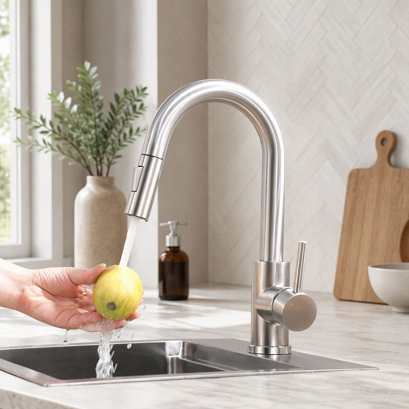 Robinet de cuisine et de salle de bain polyvalent en nickel brossé avec douchette rétractable, idéal pour une gestion efficace de l'eau et une esthétique moderne