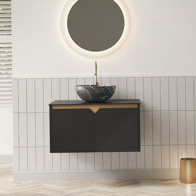 Meuble-lavabo 30 po, meuble de rangement mural en contreplaqué flottant, portes doubles en sergé avec garniture en métal, vasque en céramique noire avec motif en pierre et plateau en pierre frittée noire