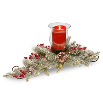 Centre de table porte-bougie 30 po avec baies enneigées et lumières DEL